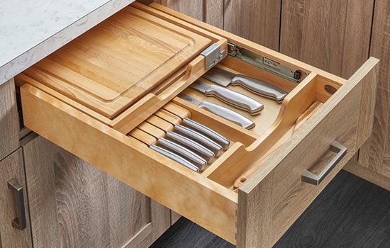 4KCB-419HFLSC-1 - 16-1/2"W Natural Wood Soft-close Knife Drawer with Cutting Board for Frameless Installation