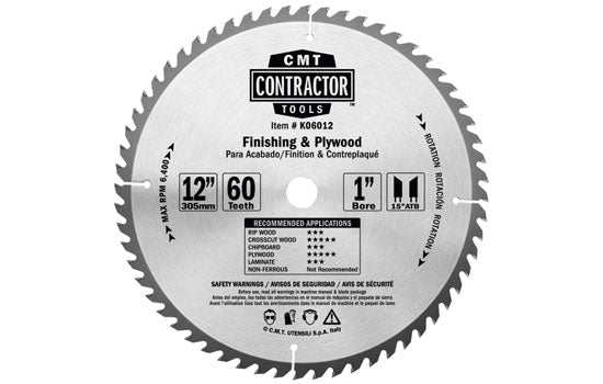 CMTK06012 - 12" 60 Tooth ATB Finishing & Plywood Blade for Finishing & Plywood