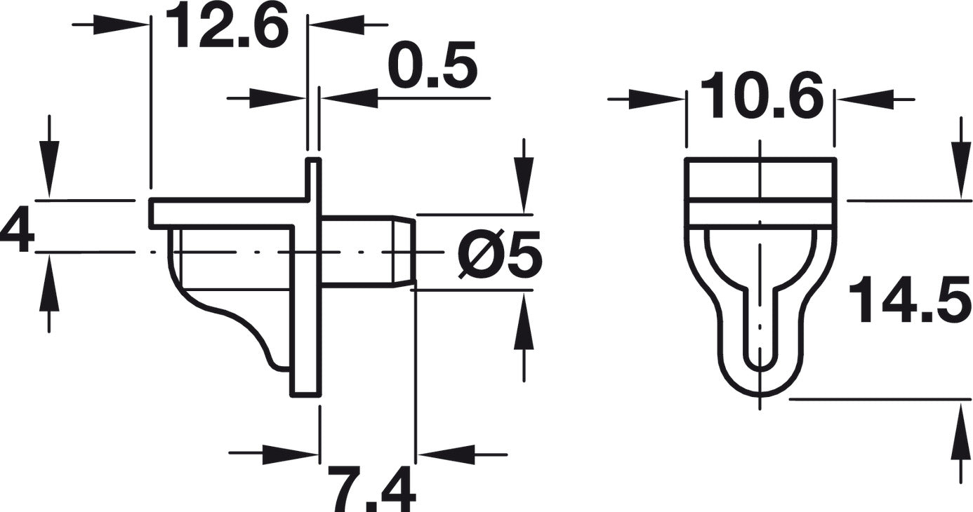 Shelf Support, For wood or glass, plastic, for plug fitting into drill hole Ø 5 mm
