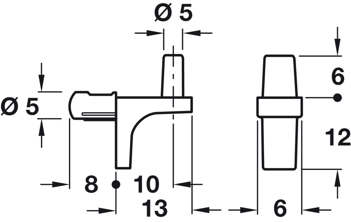 Shelf support, for wooden shelves, zinc alloy, with pin for securing shelf, load bearing capacity 15.6 kg per item