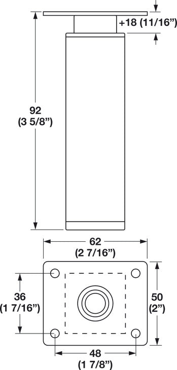 Furniture Foot, Square, Aluminum, 92 mm (3 5/8")