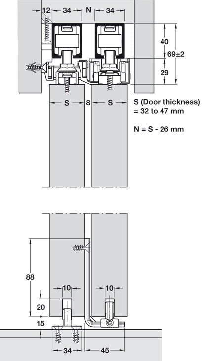 Sliding Door Hardware, Hawa Telescopic 80/2 (for 2 doors), set