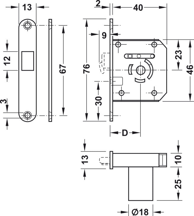 Hook Bolt Mortise Lock, Backset 22 mm