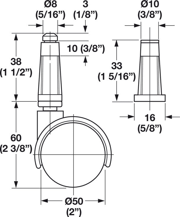 Caster, Plastic Socket for Press Fitting, Load-Bearing Capacity 77 lbs.