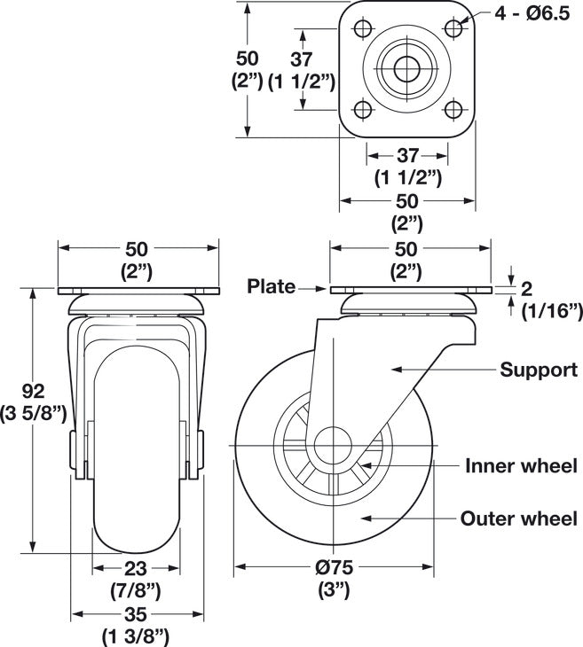Coal Box Caster, With soft running surface, fixed or free running