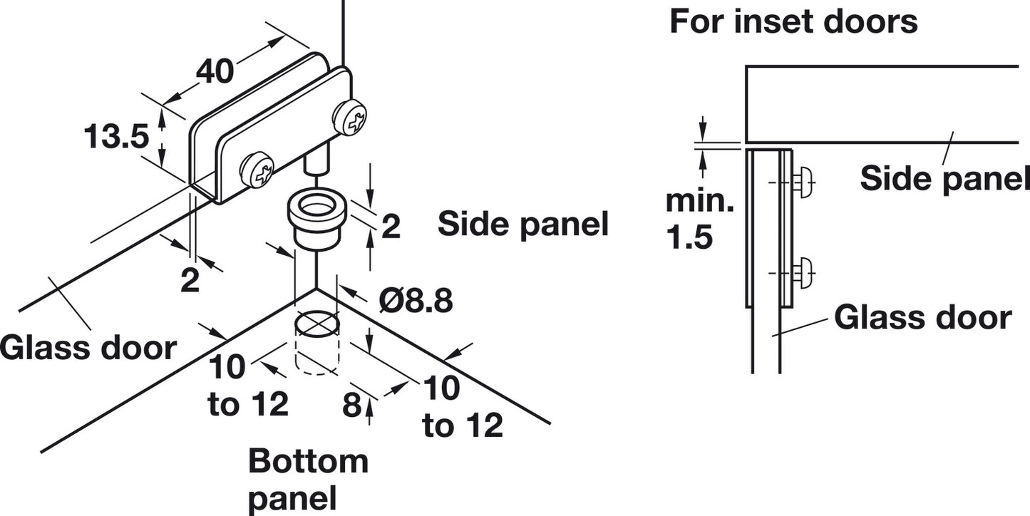 Simplex-Inset Glass Door Hinge, Opening Angle 110°