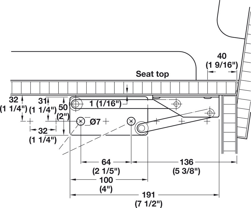 Bench Seat Hinge, for Light-Weight Seat Tops, with Spring