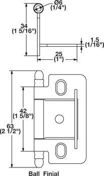 Decorative Butt Hinge, Partial Wrap, Non-Mortise, Ball Finial
