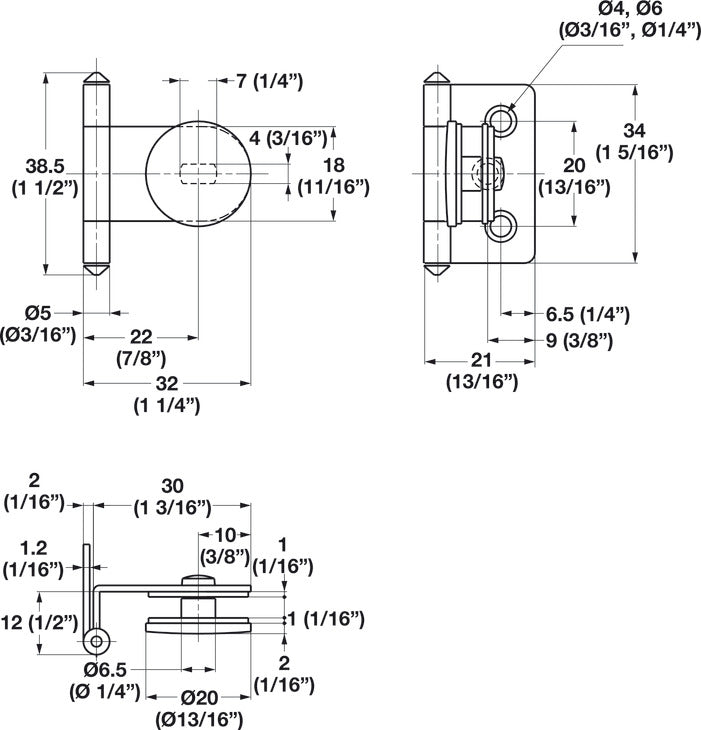 Inset Glass Door Hinge, 180° Opening Angle, for 4-6 mm Doors