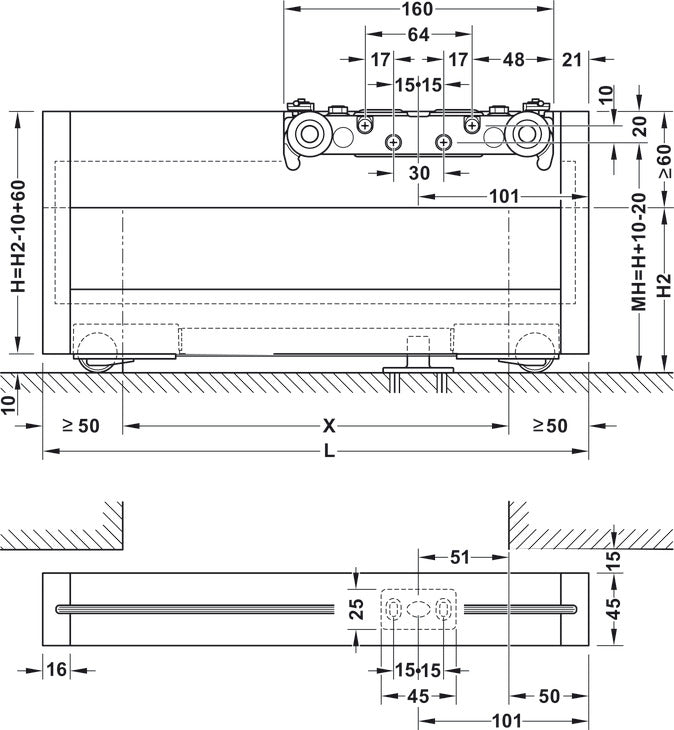 Sliding door fitting, Slido D-Line43 80N, frame door for glass and wooden panel