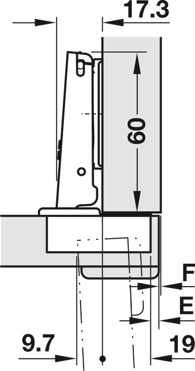 Concealed Thick Door Hinge, Salice 200 Series, 94° Opening Angle, Full Overlay