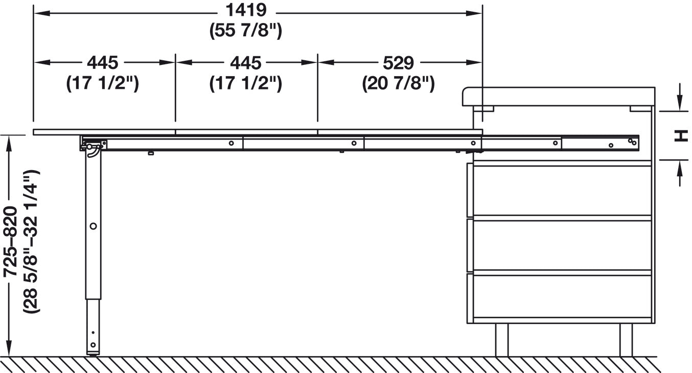 Pull-out table and folding fitting, with folding table leg