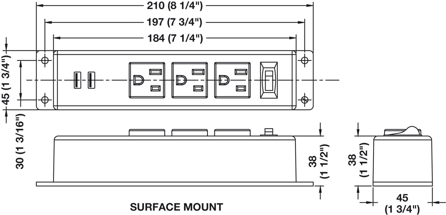 Power Bar, 3 Outlet, Surface Mount