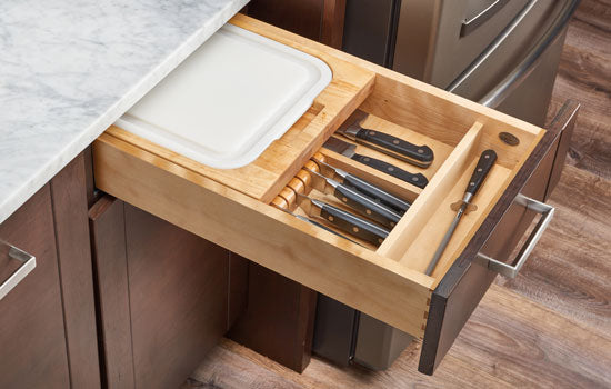 4KCB-21HSC-1 - 18" Wide Natural Wood Soft-close Knife Drawer with Cutting Board