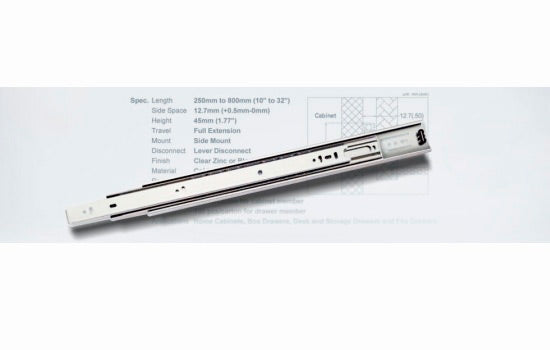 CGS20 - 20" Full Extension Zinc Side Mount Drawer Slide - 120 Lbs Weight Capacity