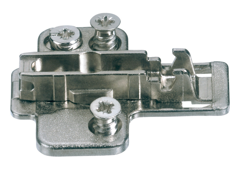 Mounting Plate, Cruciform Cam Adjusting, Pre-Mounted Euro Screw Fixing, for Grass Click On System Hinges, Nexis