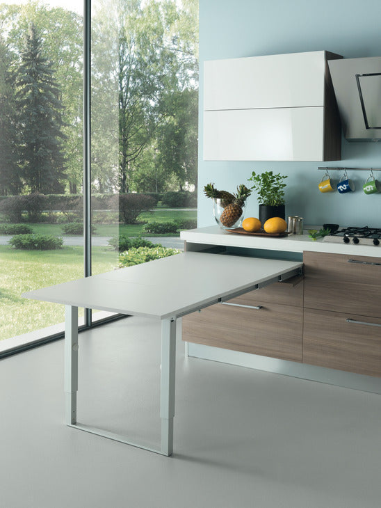 Pull-out table and folding fitting, with folding table leg