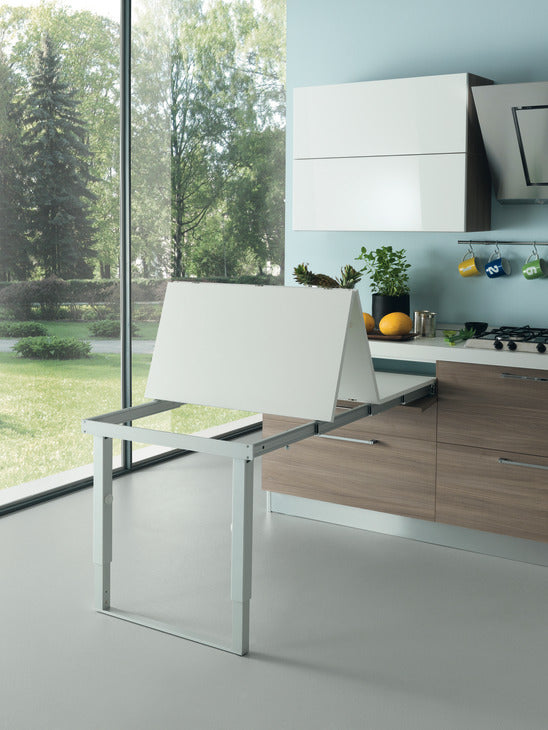Pull-out table and folding fitting, with folding table leg