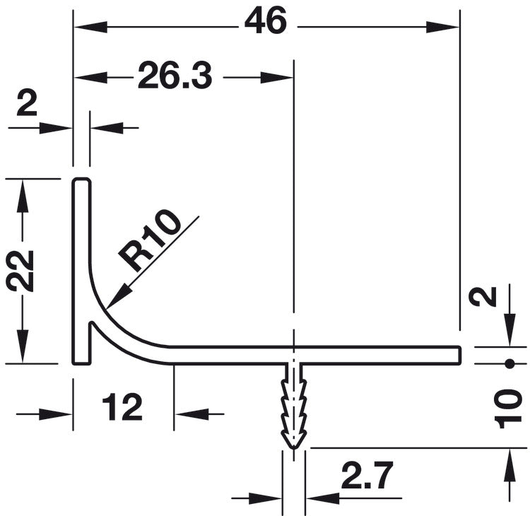 Vertical End Profile, Aluminum, 2500 mm Length