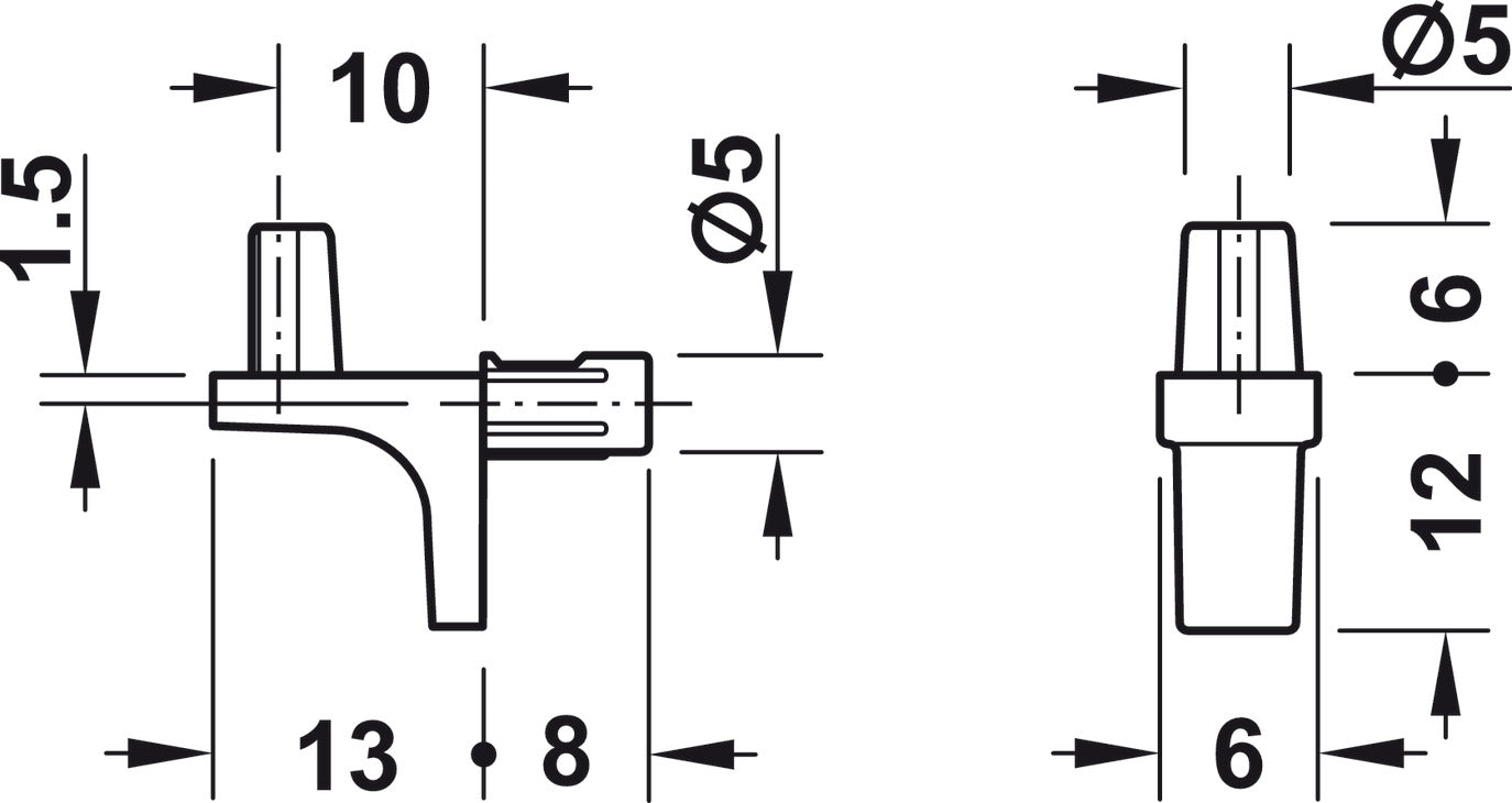 Shelf support, for wooden shelves, zinc alloy, with pin for securing shelf, load bearing capacity 15.6 kg per item