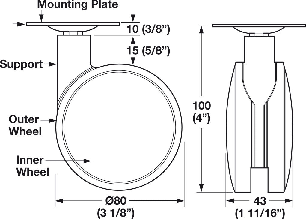 Caster, Plate Mount, Load Bearing Capacity 154 lbs.