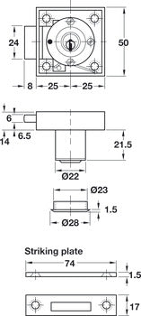 Deadbolt Lock, Ø22 mm KABA Cylinder, 8 Pin