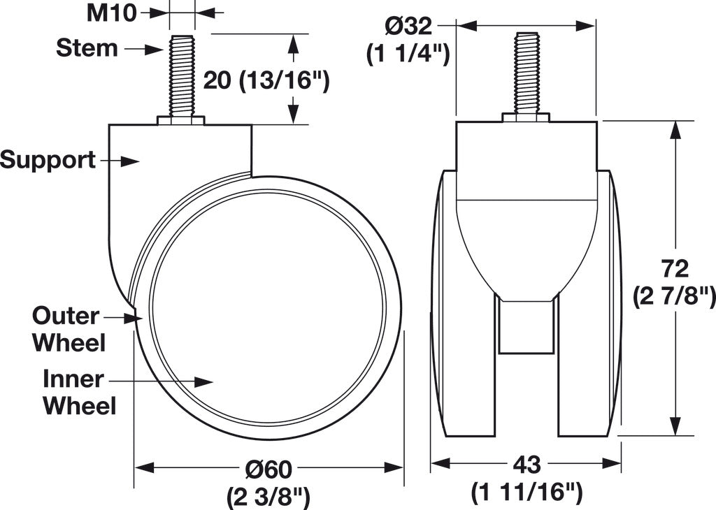 Caster, M10 Stem, Load-Bearing Capacity 110 lbs., Silver