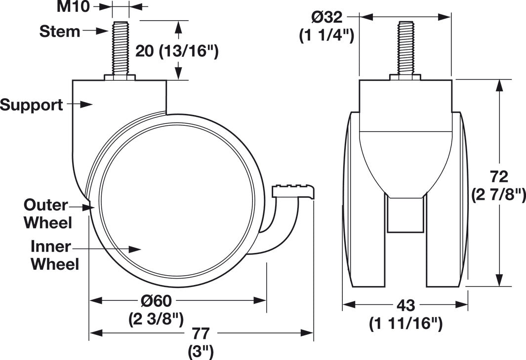 Caster, M10 Stem, Load-Bearing Capacity 110 lbs., Silver