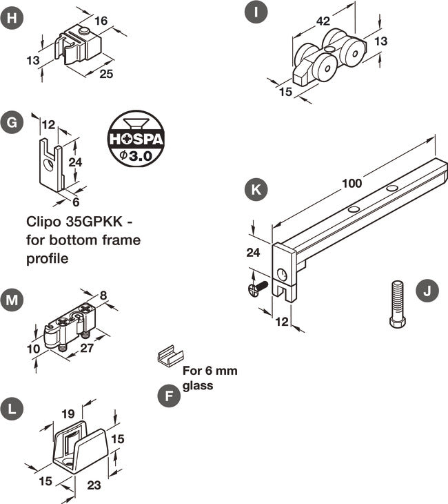 Guide/Spacer, bottom, for glass sliding doors, Hawa Clipo 35 GPK