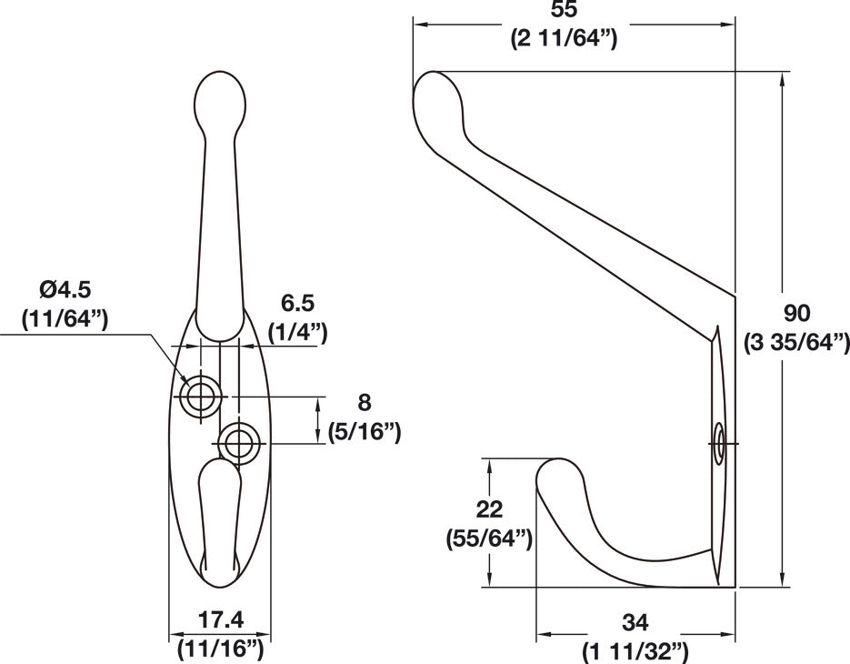 Coat Hook, 18 x 55 x 90 mm (W x D x H)