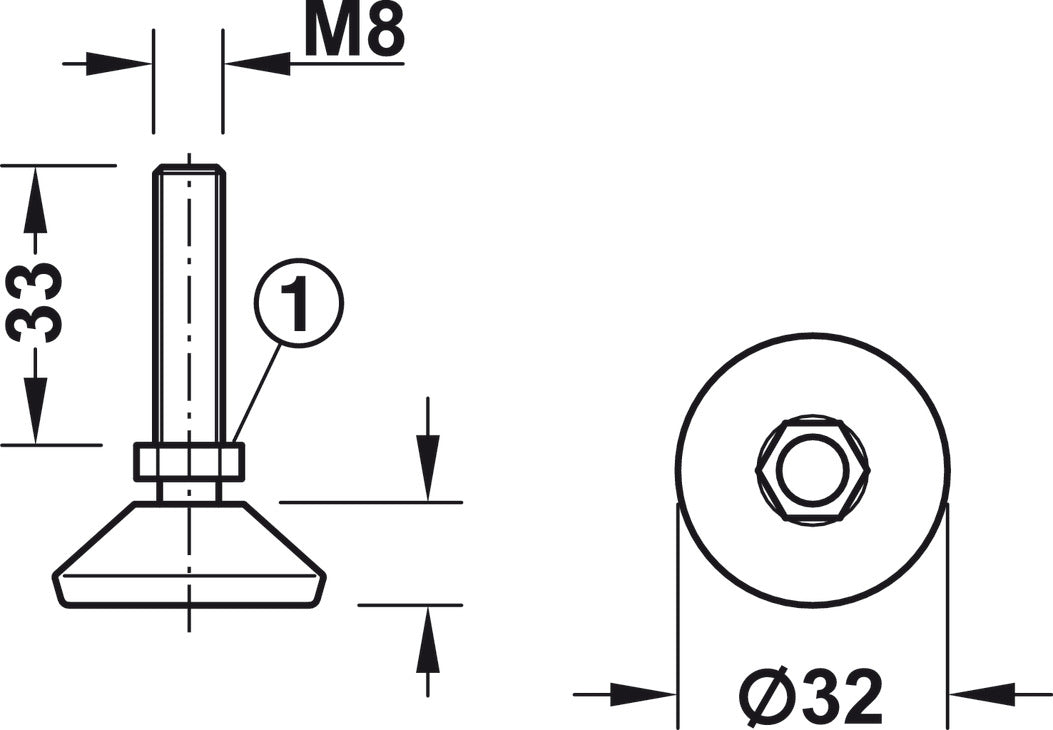 Base Leveler, Swiveling Base, M10 x 45 mm