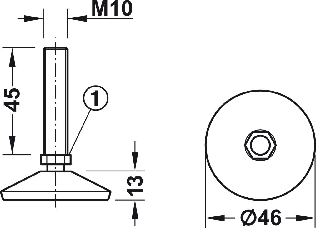 Base Leveler, Swiveling Base, M10 x 45 mm