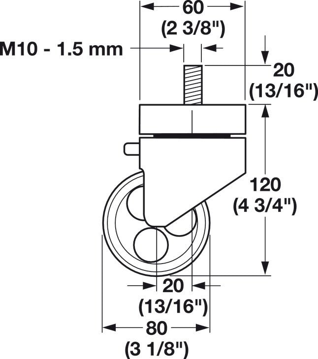 Swiveling Caster, M10 Stem, with Brake, Load-Bearing Capacity 264 lbs.