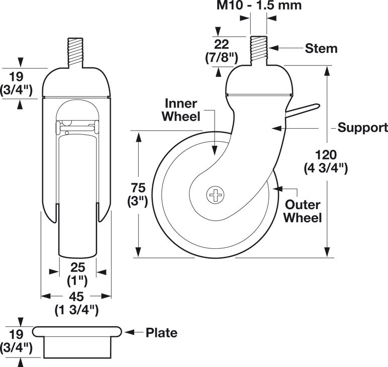 Caster, M10 Stem, Load-Bearing Capacity 110 lbs.