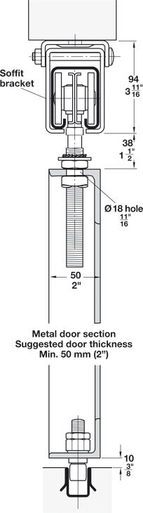 Metal Door Trolley Hanger, Vertical and Lateral Adjustment With Extended Pendant