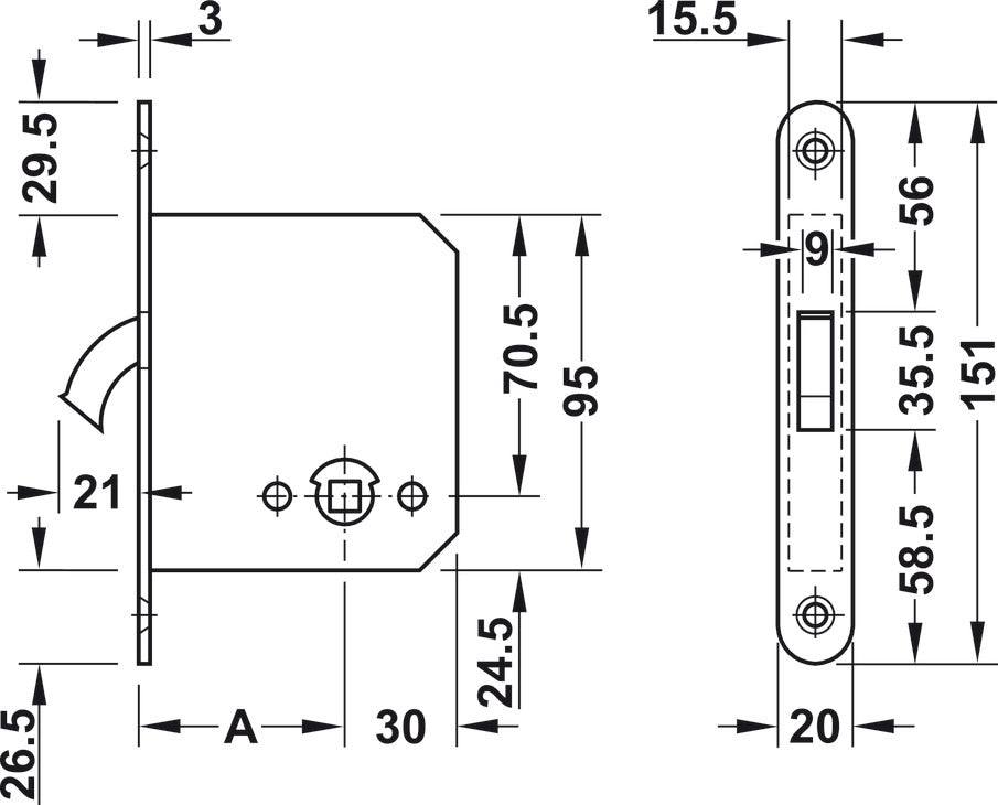 Mortise lock, for sliding doors, with compass bolt, Startec, bathroom/WC