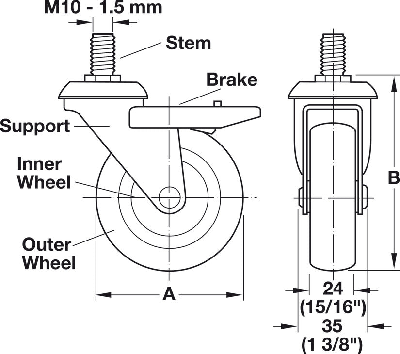 Swiveling Caster, M10 Stem, Load-Bearing Capacity 66 lbs.