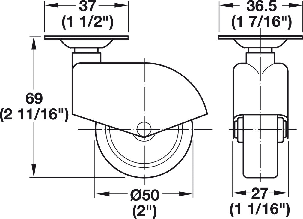 Caster, M10 Stem, Load-Bearing Capacity 110 lbs, Wheel Ø50 mm (2")