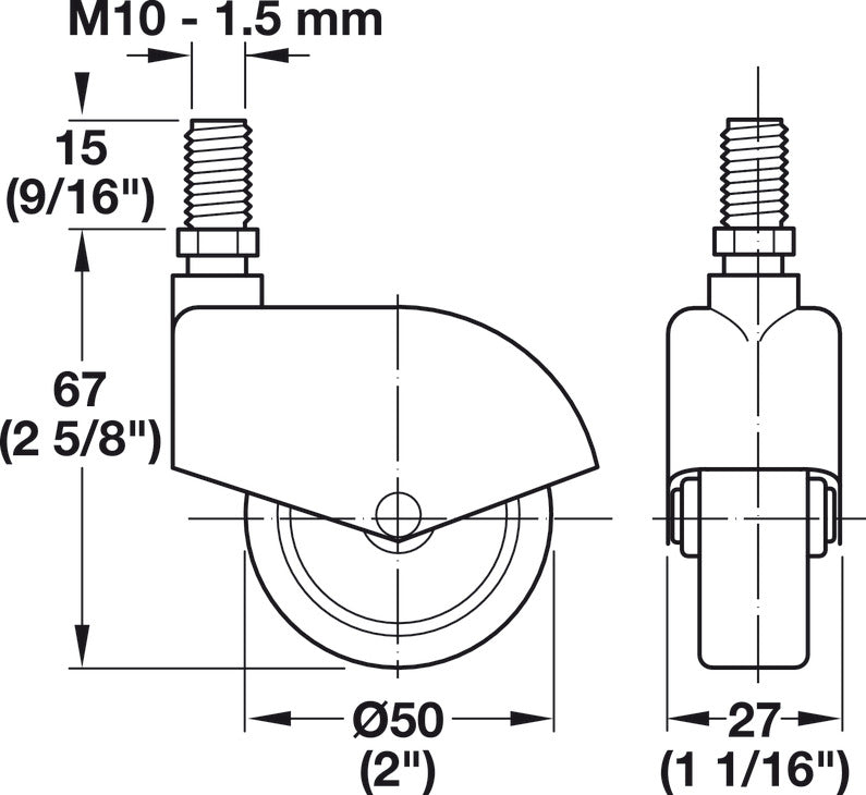 Caster, M10 Stem, Load-Bearing Capacity 110 lbs, Wheel Ø50 mm (2")