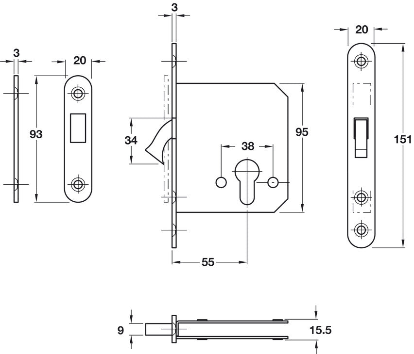 Mortise lock, Entrance Function, For sliding doors, with compass bolt, profile cylinder, backset 55 mm
