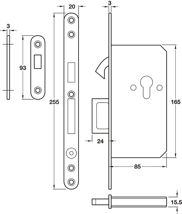 Mortise lock, for sliding doors, with compass bolt, profile cylinder