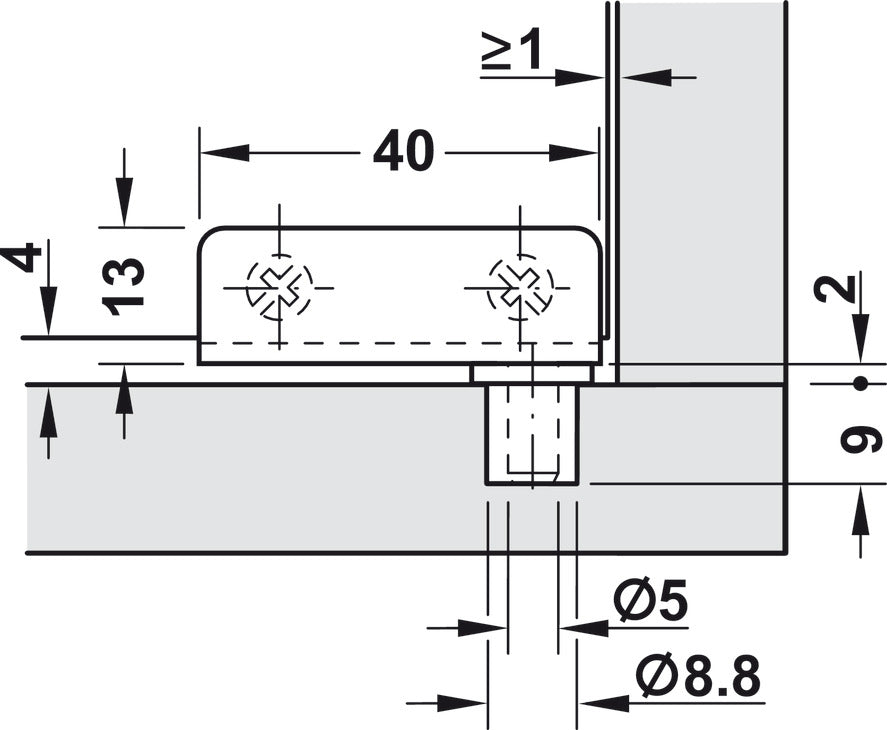 Simplex-Inset Glass Door Hinge, Opening Angle 110°