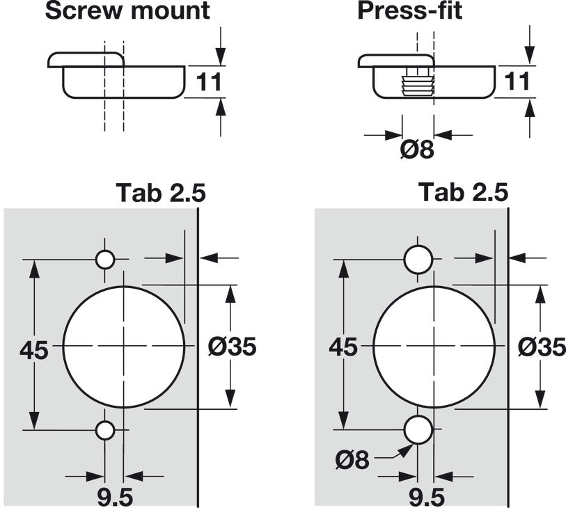 Concealed Hinge, Salice Face Frame 2-Cam, 106° Opening Angle, Self Close