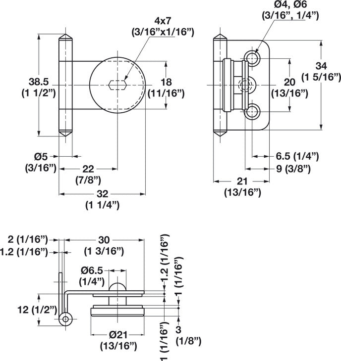Inset Glass Door Hinge, 180° Opening Angle, for 4-6 mm Doors