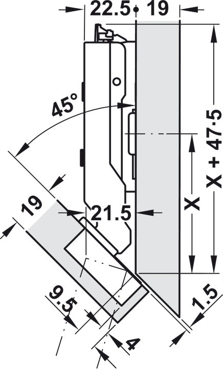 Concealed hinge, Tiomos 120°, overlay, for â€“45° corner applications