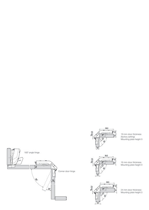 Pie-Cut Corner Hinge, Grass TIOMOS, Self-Close, for Connecting Two Folding Doors