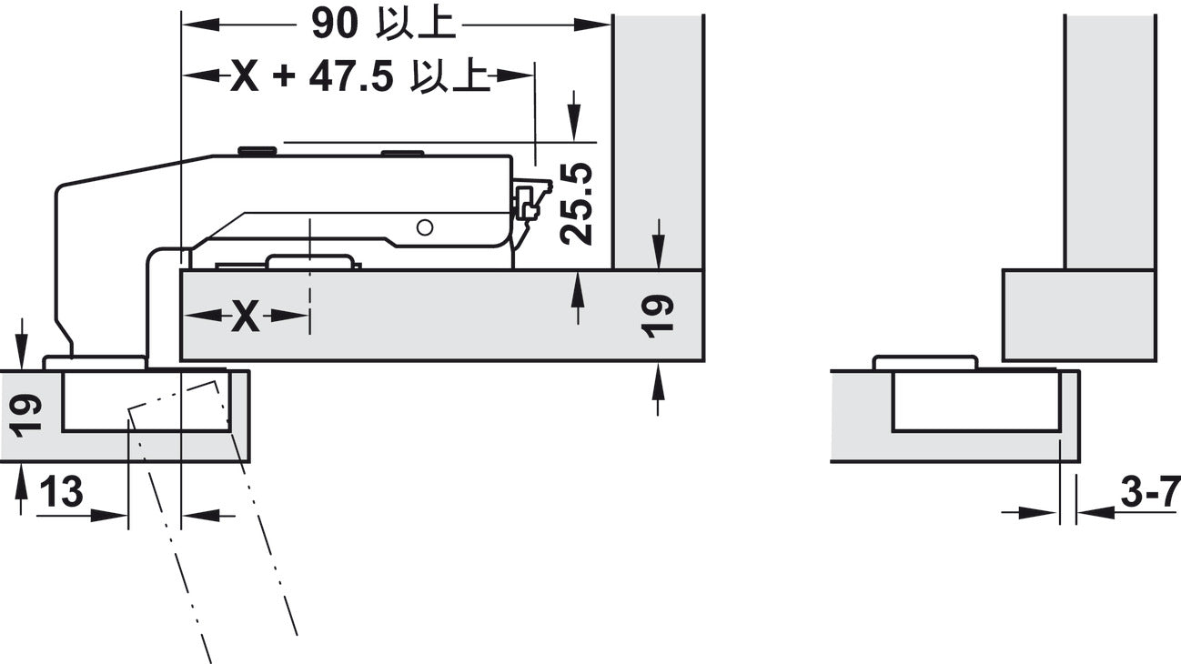 Concealed Blind Corner Hinge, Grass TIOMOS, 110° Opening Angle, Overlay Mounting