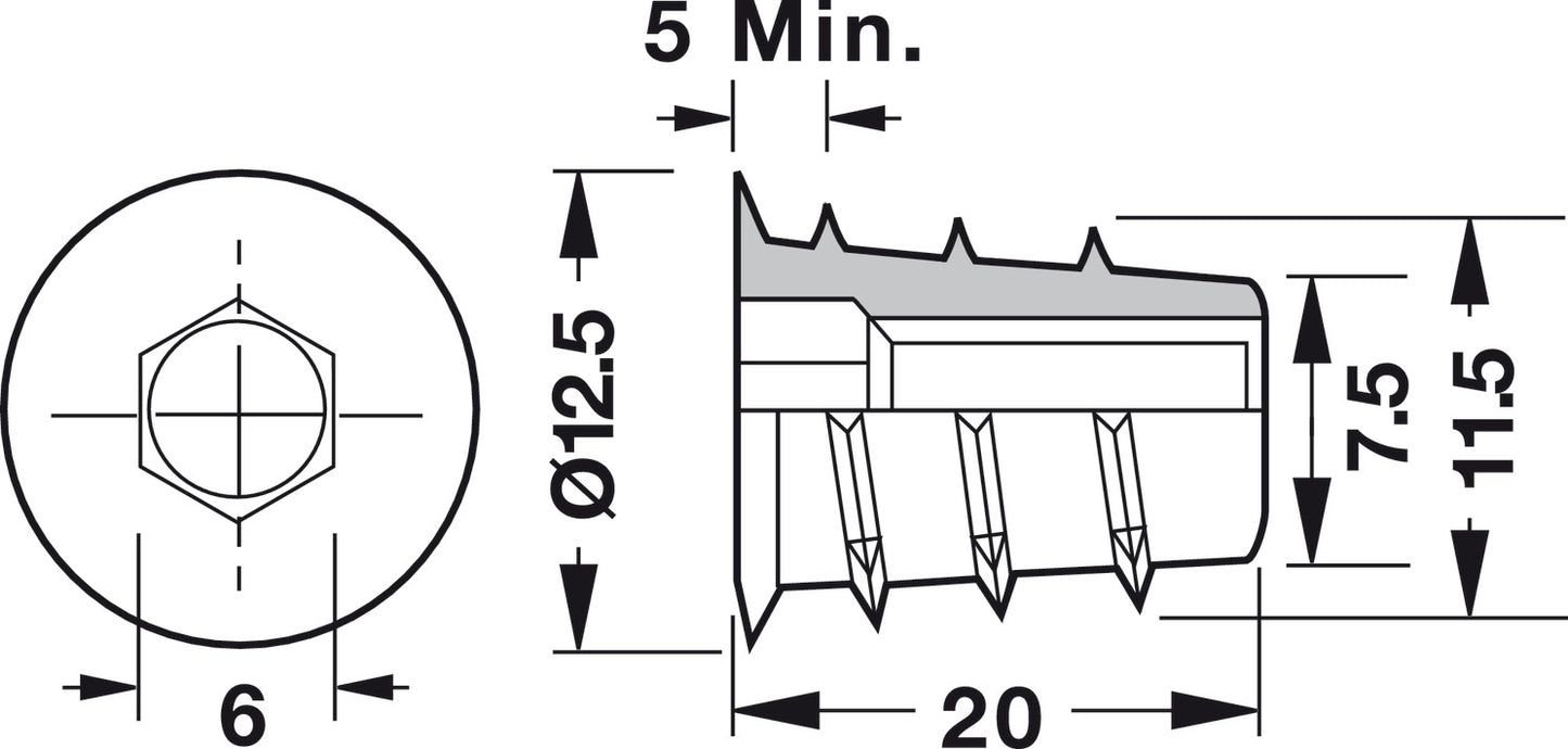 Type D Insert, M6 Internal Thread, with SW6 Hexagon Socket Head, for Ø 7.5 mm Hole