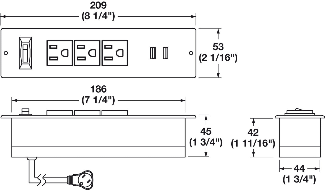 Power Bar, 3 Outlet, Face Plate Mount