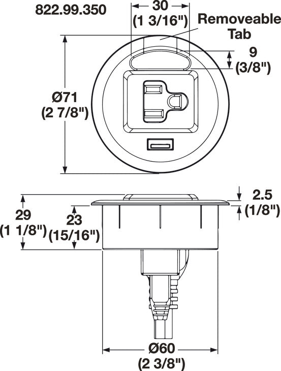 Charging Grommet, 120V Socket, 1 USB 2.0A